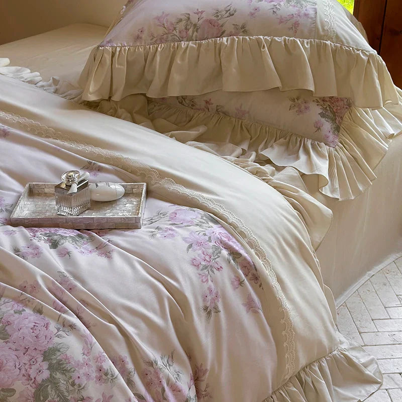 Decobites Vintage French Pastoral Lace Ruffles Bedding Set: Duvet Cover, Bed Sheet, 2 Pillowcases