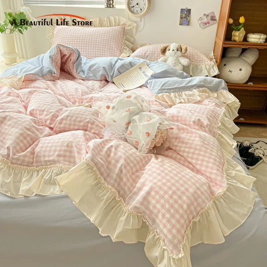 Decobites Korean Princess Style Cotton Bedding Set with Ruffles and Lace