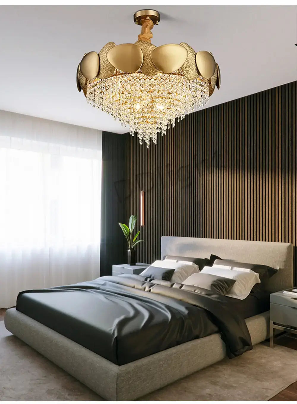 Luxury gold crystal led ceiling chandelier featuring a circular petal-like upper structure with cascading crystal droplets for living room use.