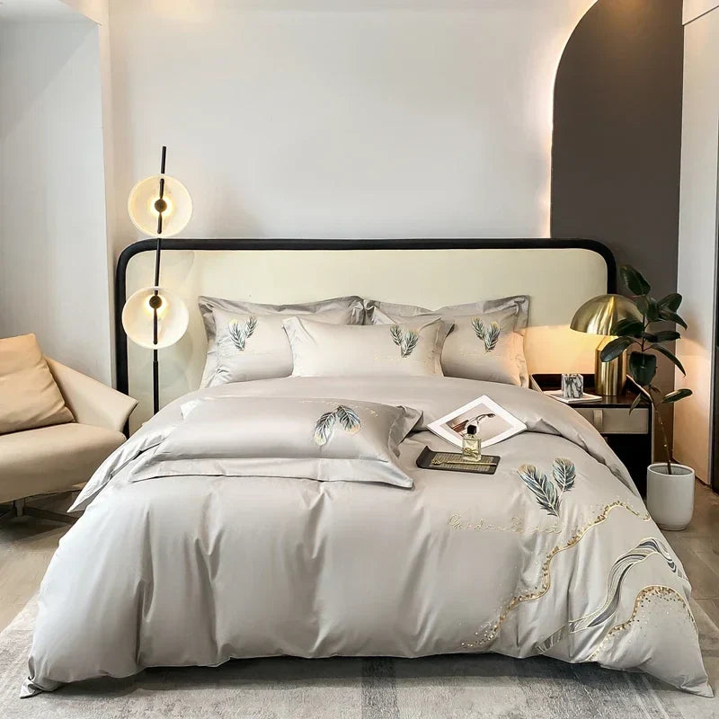 DecorBites™ Cotton Embroidery Bed Linens Set: Full-Queen-King Size, Sheet, Duvet Cover, Pillowcase