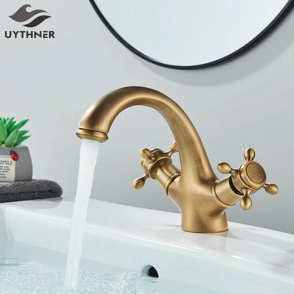 DecorBites™ Antique Brass Basin Faucet: Solid Brass Single Hole Deck Mounted Mixer Tap