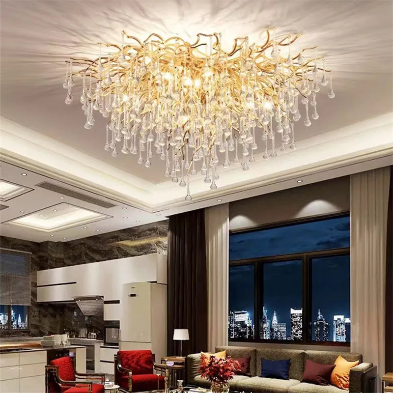 DecorBites™ Crystal Teardrop Gold Ceiling Chandelier for Elegant Living Room Bedroom Dining Kitchen