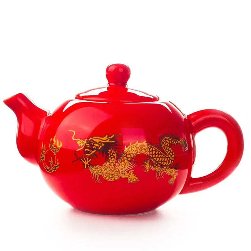 DecorBites™ Chinese Dragon Ceramic Red Tea Pot Set Kettle Teapot Kung Fu Teaware
