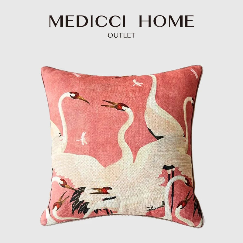 DecorBites™ Dancing Crane Decorative Cushion Cover: High Grade French Retro Pillow Case 45x45cm