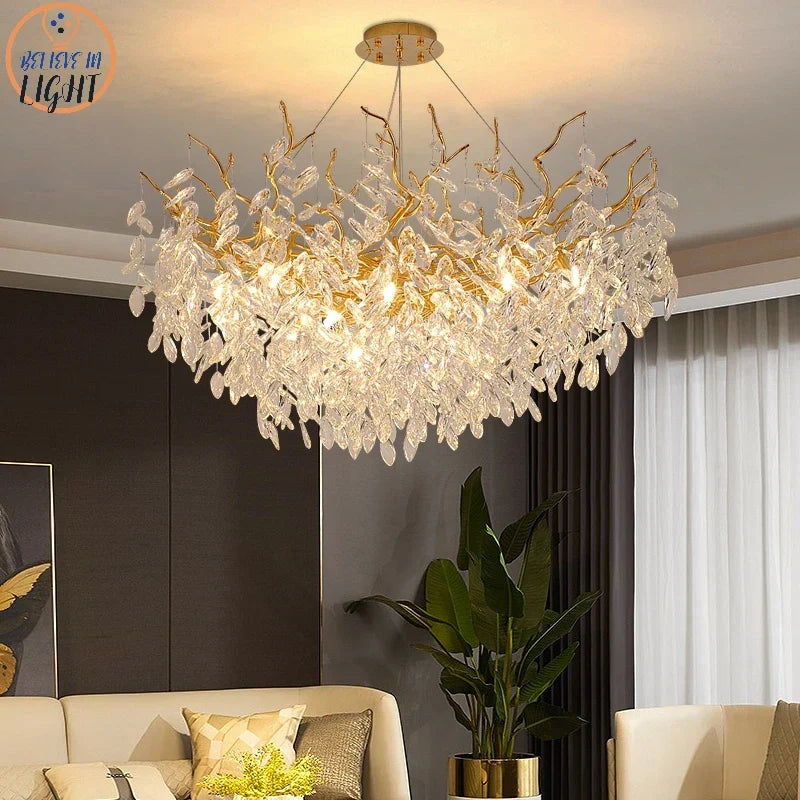 Decorbites™ Goldene Kristall-Kronleuchter für Esszimmer, Ast-Hängeleuchte, große Beleuchtung