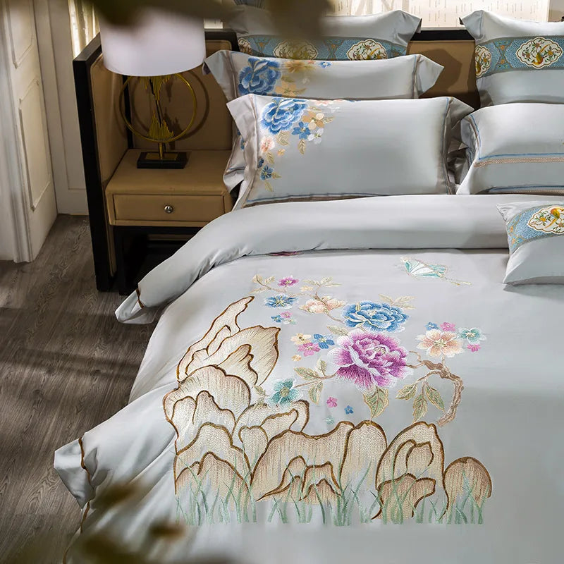 Juego de cama DecorBites™ 200S de algodón egipcio bordado, incluye sábanas y funda nórdica (tamaños Queen y King).