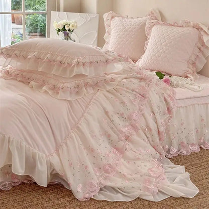 Decobites Winter Velvet Princess Bedding Set with Lace Ruffles and Quilted Bed Skirt