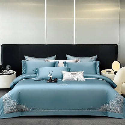 DecorBites™ Jacquard Embroidery Egyptian Cotton Satin Bedding Set with Elastic Sheet