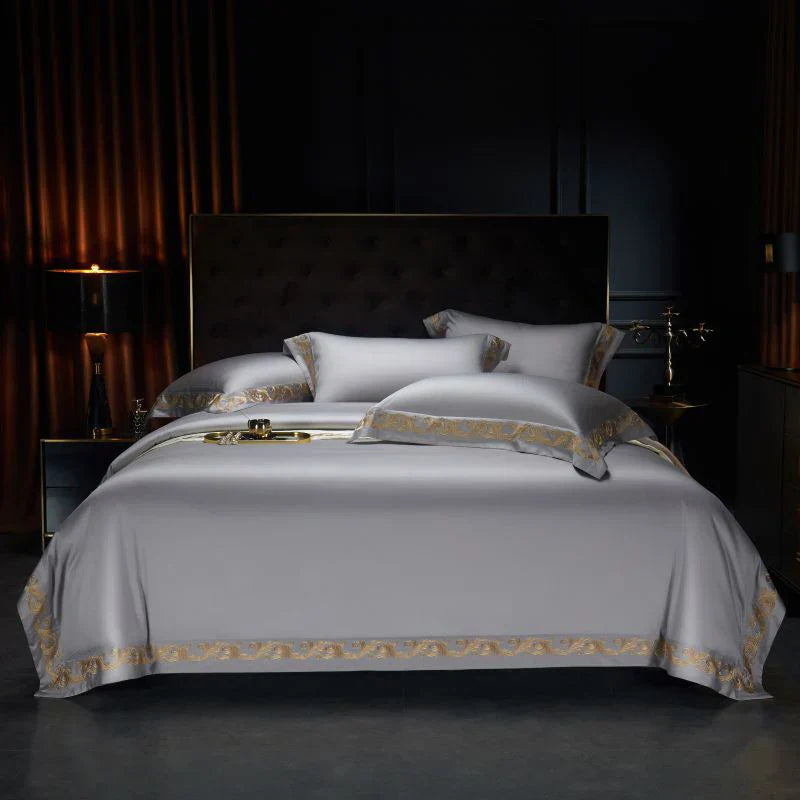 DecorBites™ Luxe Gold Embroidery 1400TC Egyptian Cotton Queen King Bedding Set