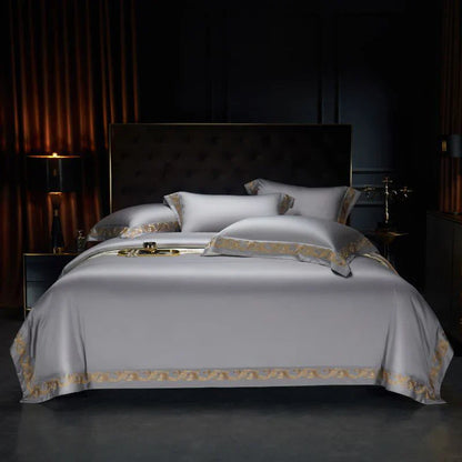 DecorBites™ Luxe Gold Embroidery 1400TC Egyptian Cotton Queen King Bedding Set