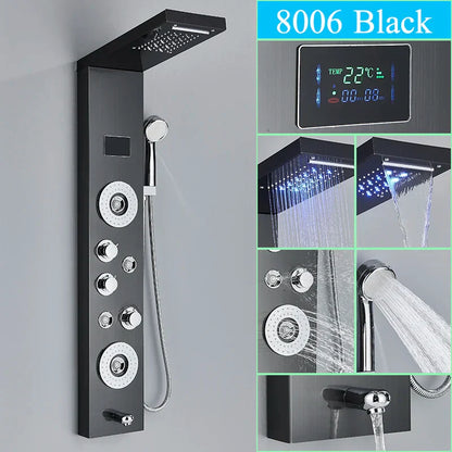 DecorBites™ LED Shower Panel Column Faucet with Rainfall Waterfall, Back Jet, Mixer Tap