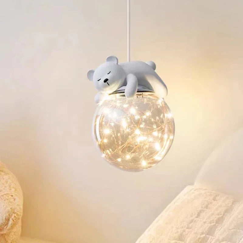 DecorBites™ Kids Room LED Chandeliers White Bear Bunny Pendant Light Glass Bedside Lamp
