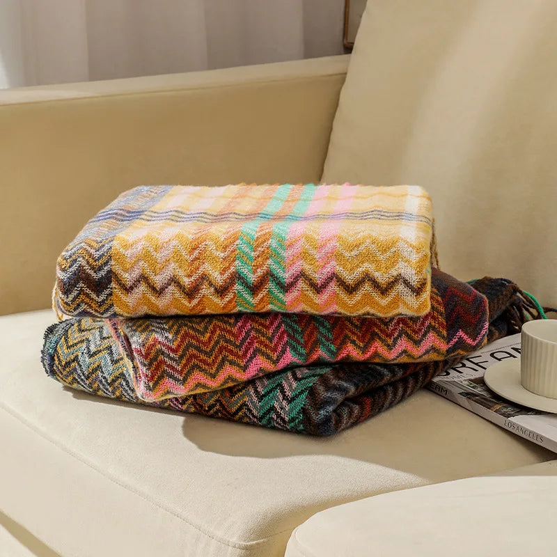 DecorBites™ Ethnic Wave Woven Tassel Blanket: Multi-functional for Bed, Sofa, Table, Office Nap
