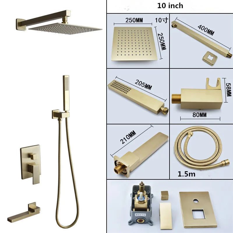 DecorBites™ Brushed Gold In-Wall Shower Set with Rainfall Shower Head 8-12"