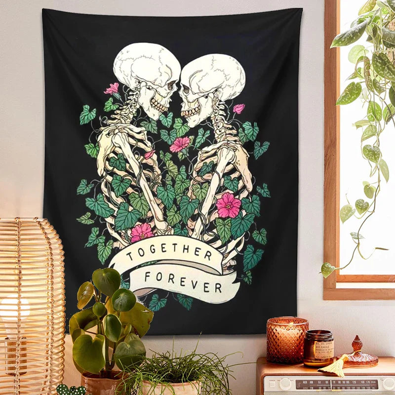 Tapiz de pared DecorBites™ Lover Skeleton con rosa, estilo boho psicodélico