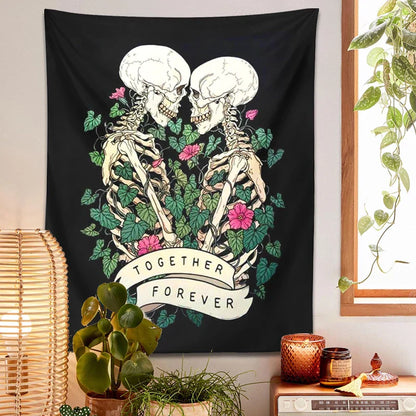 Tapiz de pared DecorBites™ Lover Skeleton con rosa, estilo boho psicodélico
