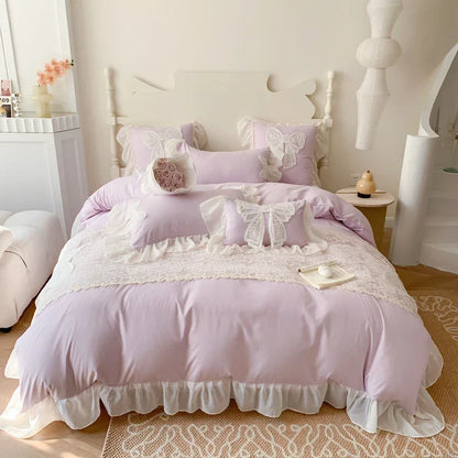 Decobites Romantic Lace Ruffles Bedding Set with Bow Decoration - Pink Girls Duvet Cover Set