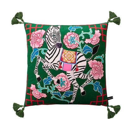DecorBites™ Chinoiserie Zebra & Peonies Cushion Cover with Tassels