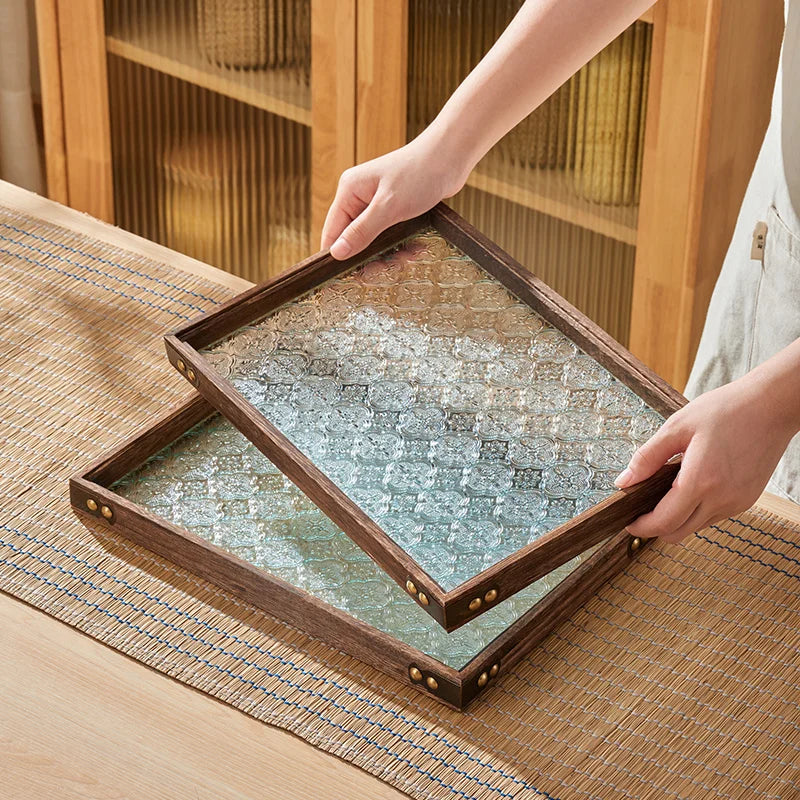 Bandeja para Mesa de Té de Madera y Vidrio Decorbites™ Rectangular para Aperitivos, Frutas y Servicio