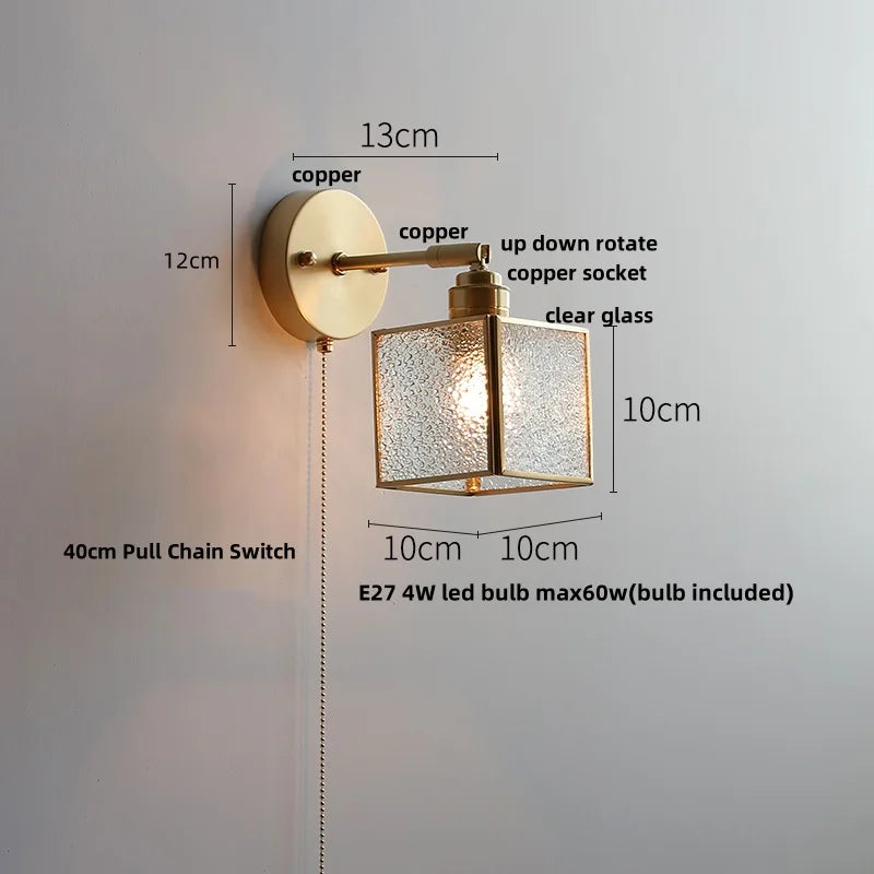 DecorBites™ Japanese Style LED Wall Light Clear Glass Pull Chain Switch Bedside Lamp