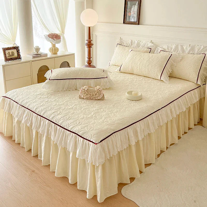 Decobites Lace Ruffles Bedding Set: 4pcs Solid Color Princess Quilt Cover, Bed Skirt, 100% Cotton Pillowcase