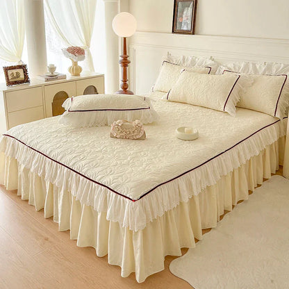 DecorBites™ Lace Ruffles Bedding Set: 4pcs Solid Color Princess Quilt Cover, Bed Skirt, 100% Cotton Pillowcase