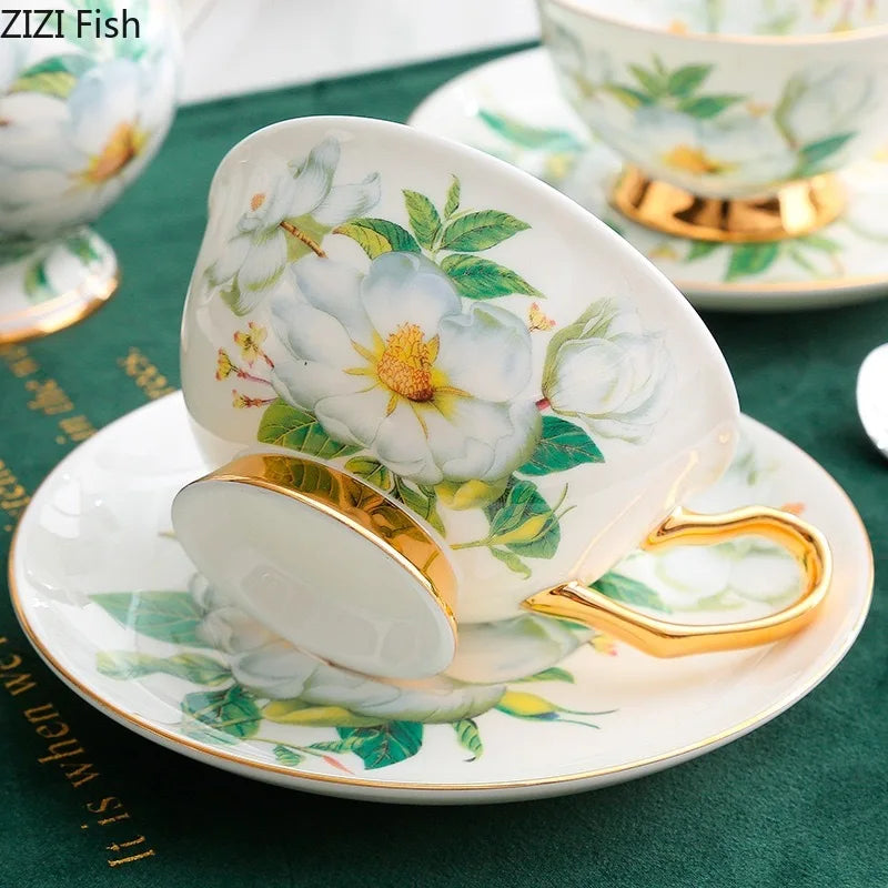 DecorBites™ Green Flowers Ceramic Cup & Saucer Set for Coffee, Tea, Juice, and More