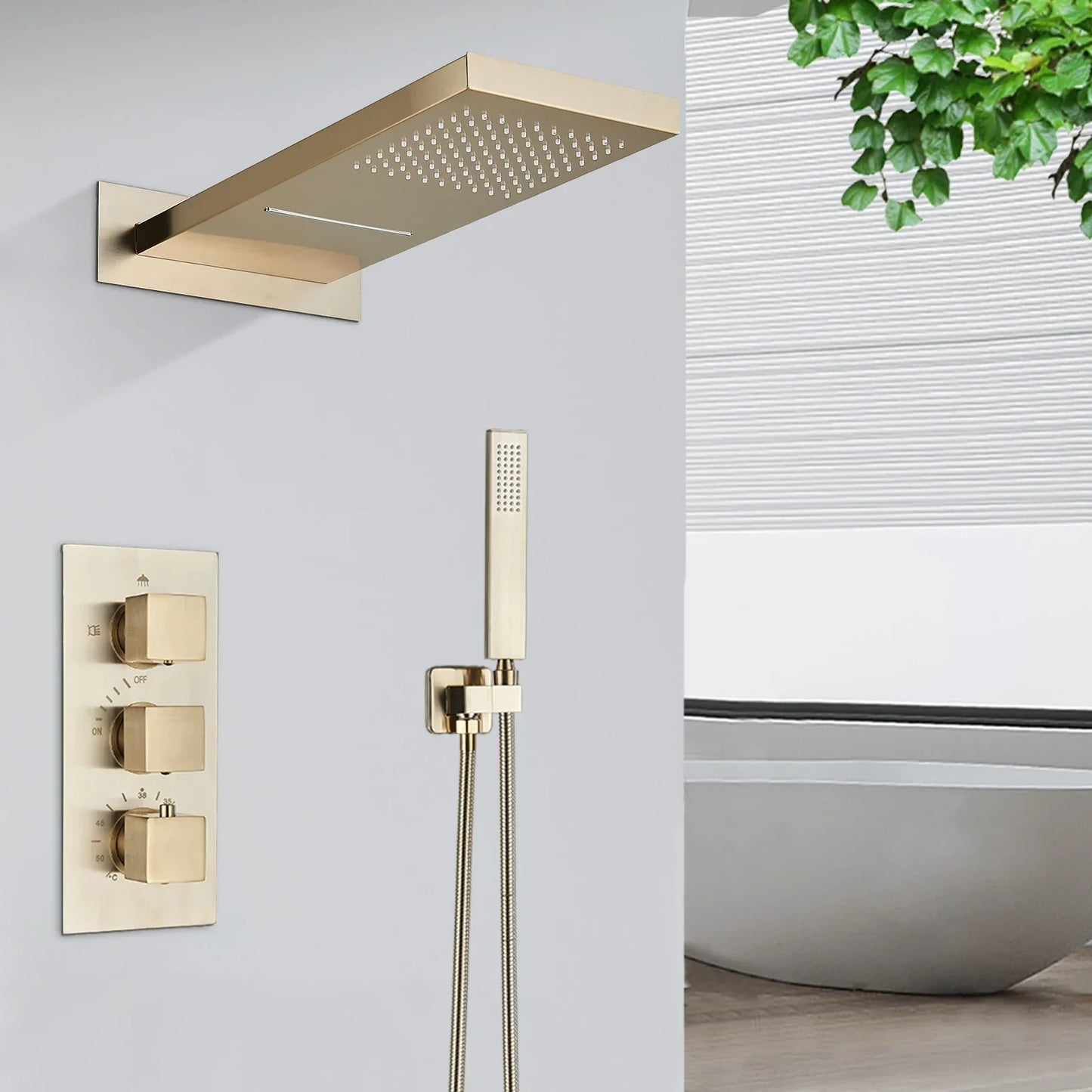 Juego de grifería termostática para ducha tipo lluvia DecorBites™ Gold - Sistema de ducha de pared