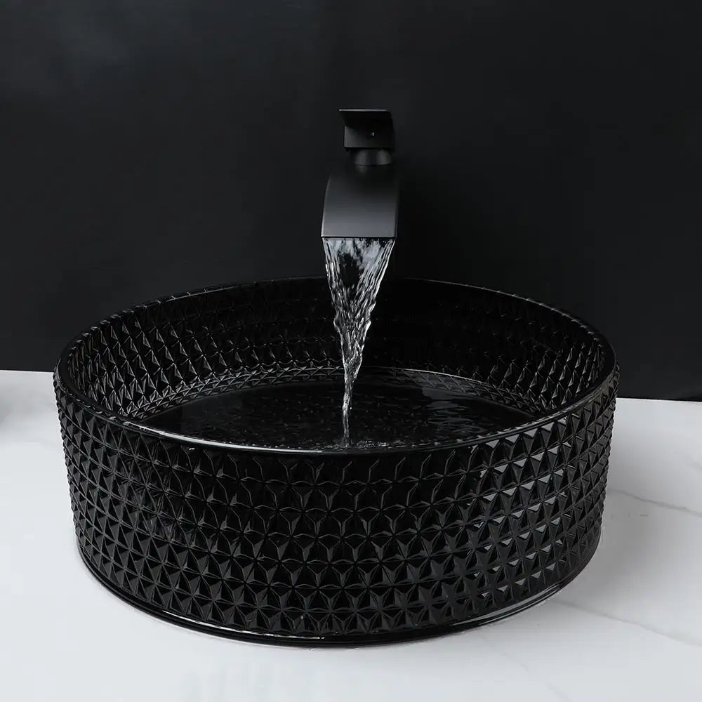 DecorBites™ Diamond Glass Basin Set with Matte Black Faucet and Pop-up Drain Mixer Tap