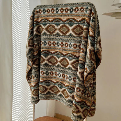 DecorBites™ Boho Printed Blanket: Cozy, Multi-Functional, Half-Flannel Shawl, Single/Double Bedspread