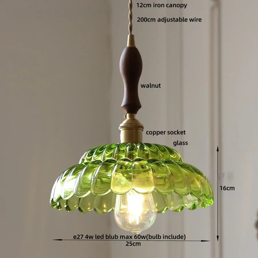 DecorBites™ LED Pendant Lamp with Adjustable Wire, Copper Socket, Walnut Wood, Green Glass