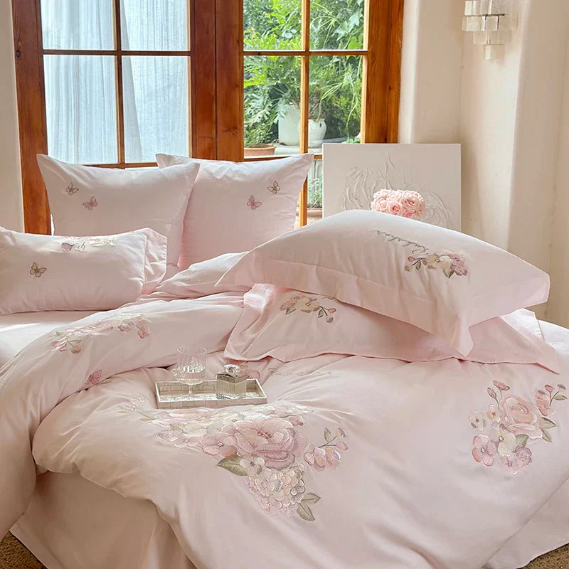 Decobites Pink Flowers Embroidery Cotton Bedding Set - Duvet Cover, Bed Sheet, Pillowcases