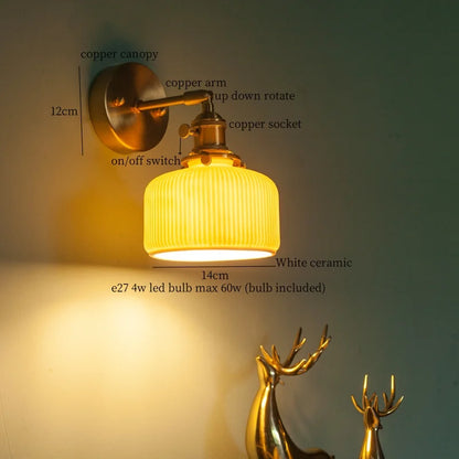 DecorBites™ Brass Ceramic LED Wall Light | Nordic Modern Bedside Lamp for Bedroom, Bathroom, and Sofa