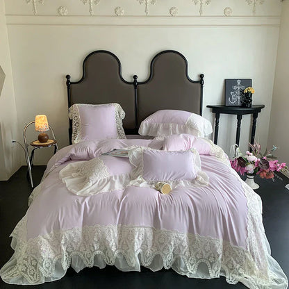 Decobites Romance Lace Ruffles Bedding Set 4Pcs, 200x230cm, Princess Wedding Theme