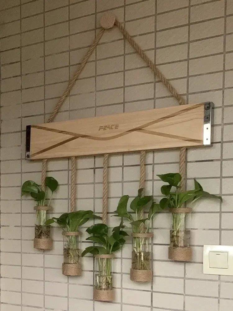 DecorBites™ Glass Planter Vase with Wooden Stand for Wall Hanging Display