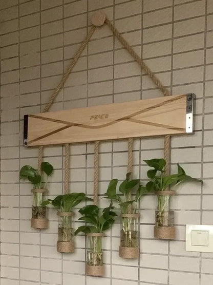 DecorBites™ Glass Planter Vase with Wooden Stand for Wall Hanging Display