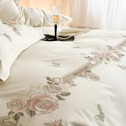 Decobites Vintage Rose Butterfly Embroidery Bedding Set 4Pcs