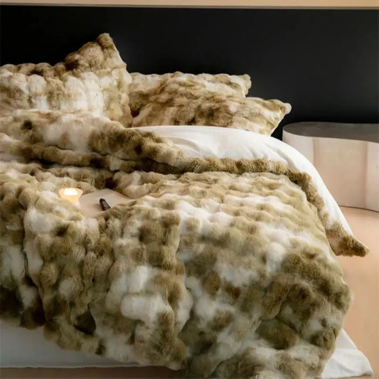 Decobites Luxe Faux Fur & Velvet Patchwork Bedding Set - Duvet, Sheet & Pillowcases