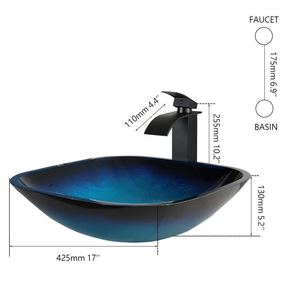 Decorbites™ Gradient Blau Glas Waschbecken Armatur-Set mit Wasserfall-Mischbatterie