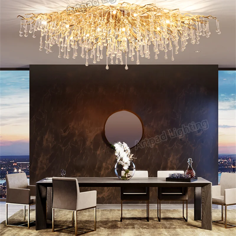DecorBites™ Crystal Teardrop Gold Ceiling Chandelier for Elegant Living Room Bedroom Dining Kitchen