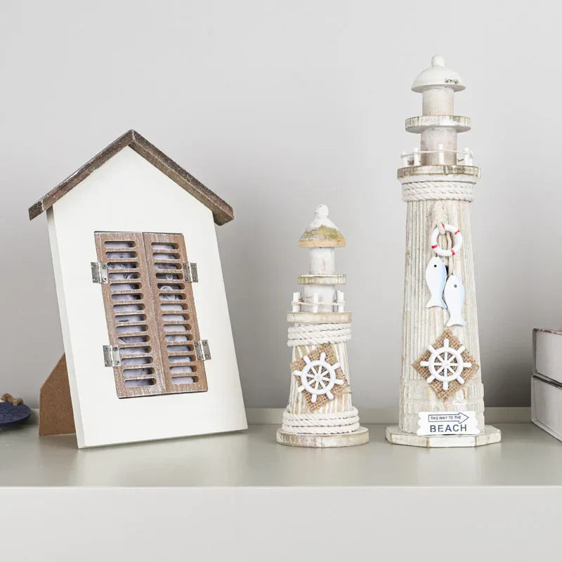 DecorBites™ Coastal Wooden Lighthouse & Ship Model for Mediterranean Home Decor