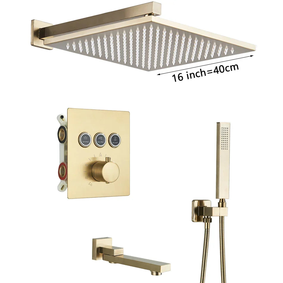 DecorBites™ Gold Thermostatic Rainfall Shower Faucet Mixer Set for Bathroom with Ceiling Wall Mount
