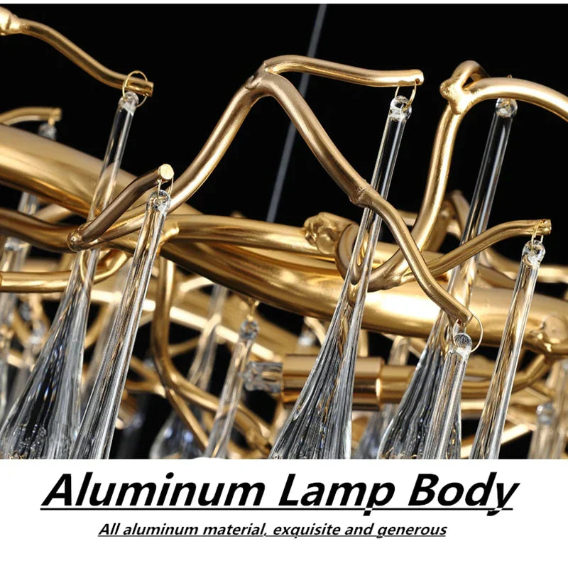 DecorBites™ Elegant Gold Metal Branch Chandelier with Glass Water Drop Crystals