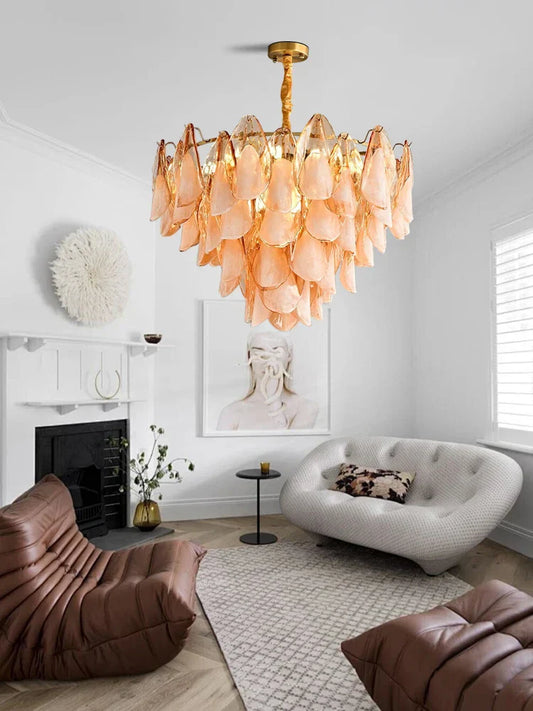DecorBites™ Gold Chrome Dimmable Amber Glass Petal Chandelier – French Design Luxury Hanglamp