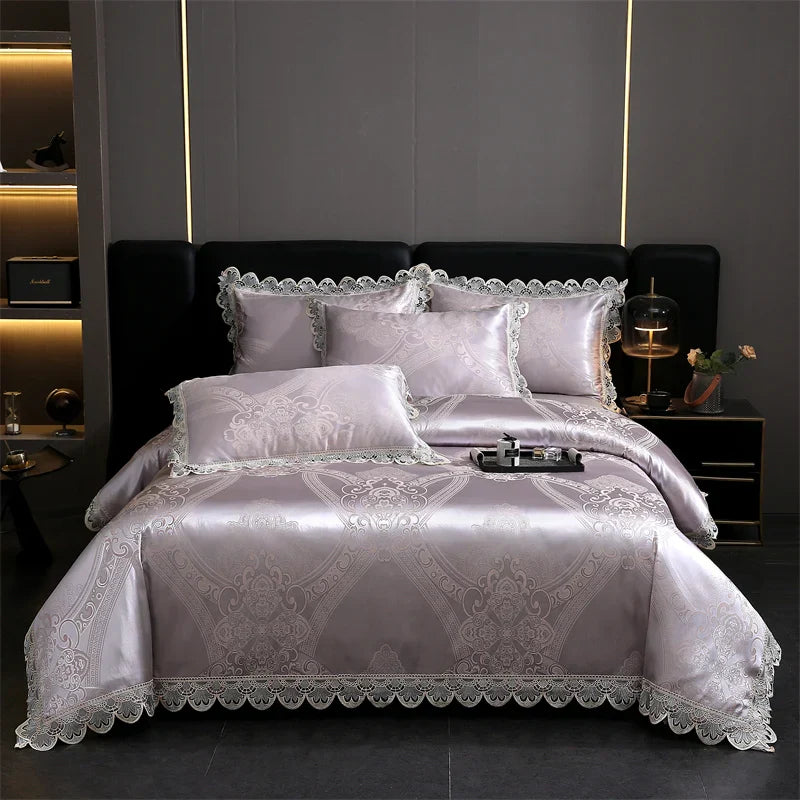 Decobites Golden Jacquard Cotton Lace Bedding Set - Silky Soft Duvet Cover, Flat Sheet, Pillowcase