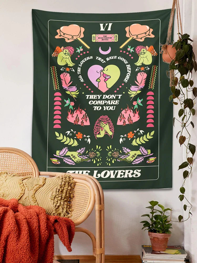 Decobites Lovers Tapestry: Tarot Card Astrology Snake Moon Psychedelic Wall Hanging