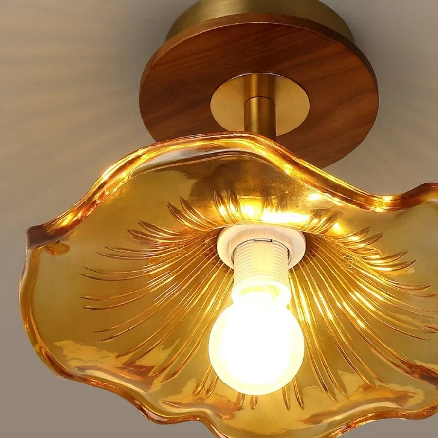 DecorBites™ Wood Copper LED Ceiling Light Amber Glass Plafond Lamp