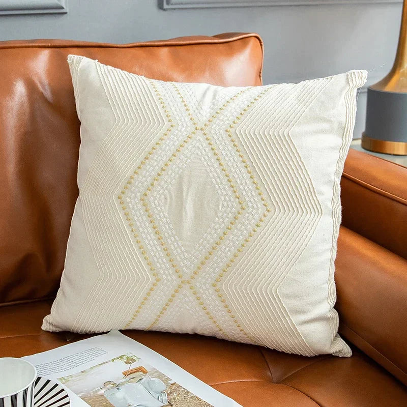 DecorBites™ Ivory Geometric Embroidery Cushion Cover - Home Decor for Living Room Sofa Bed
