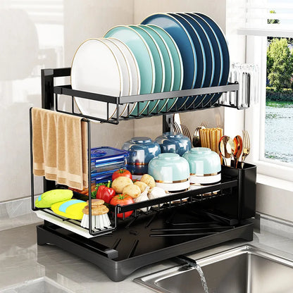 DecorBites™ Dish Drying Rack & Drainboard Set with Tableware Storage, Towel Rack, and Chopstick Cage
