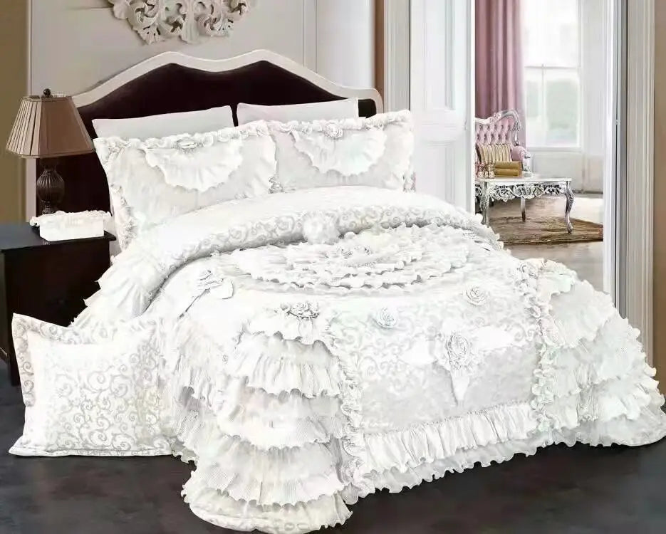 Decobites Luxe Champagne Jacquard Lace Bedspread Set with Pillowcases